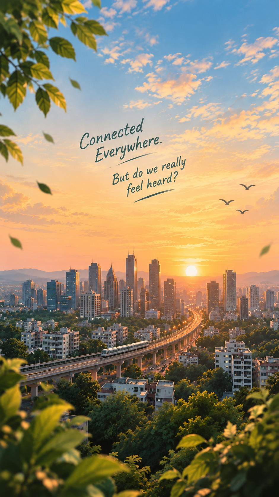 Modern city skyline at golden hour — millions of people connected online yet quietly seeking genuine conversation