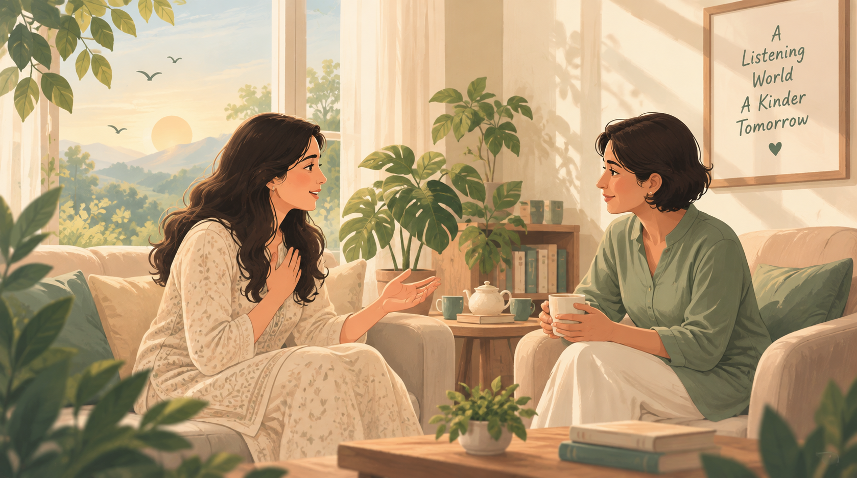 Two people having a warm, authentic conversation over tea in a quiet room