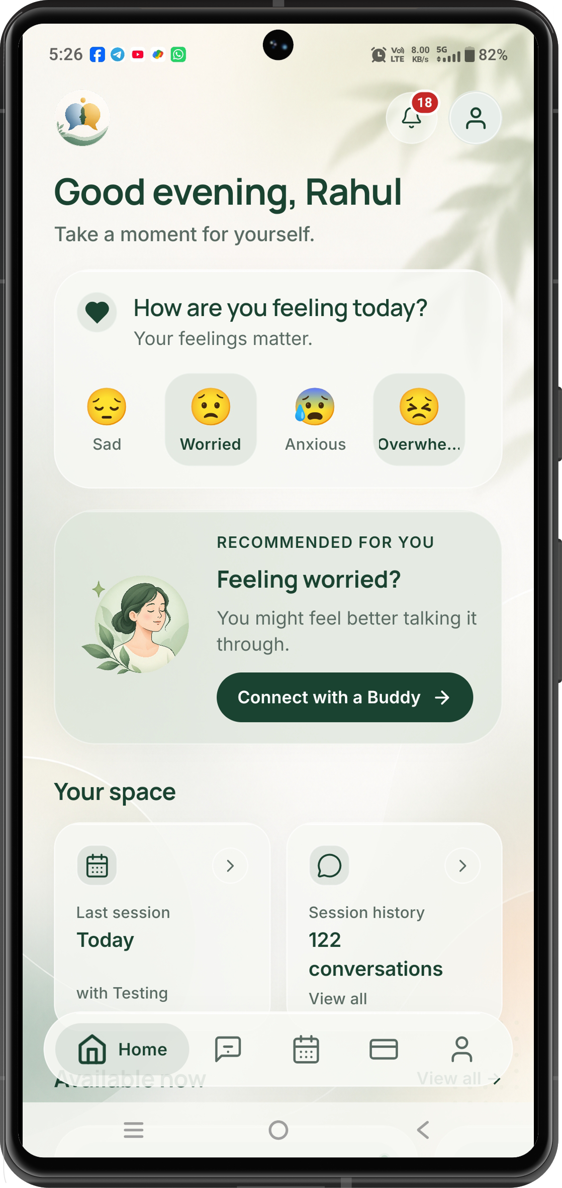 TheraTalk mobile app showing mood check-in and connect with a Buddy